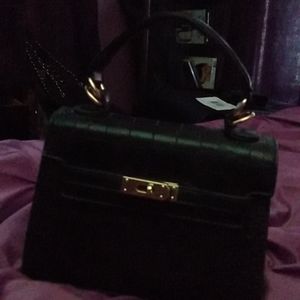 Black croc embossed Kelly style handbag